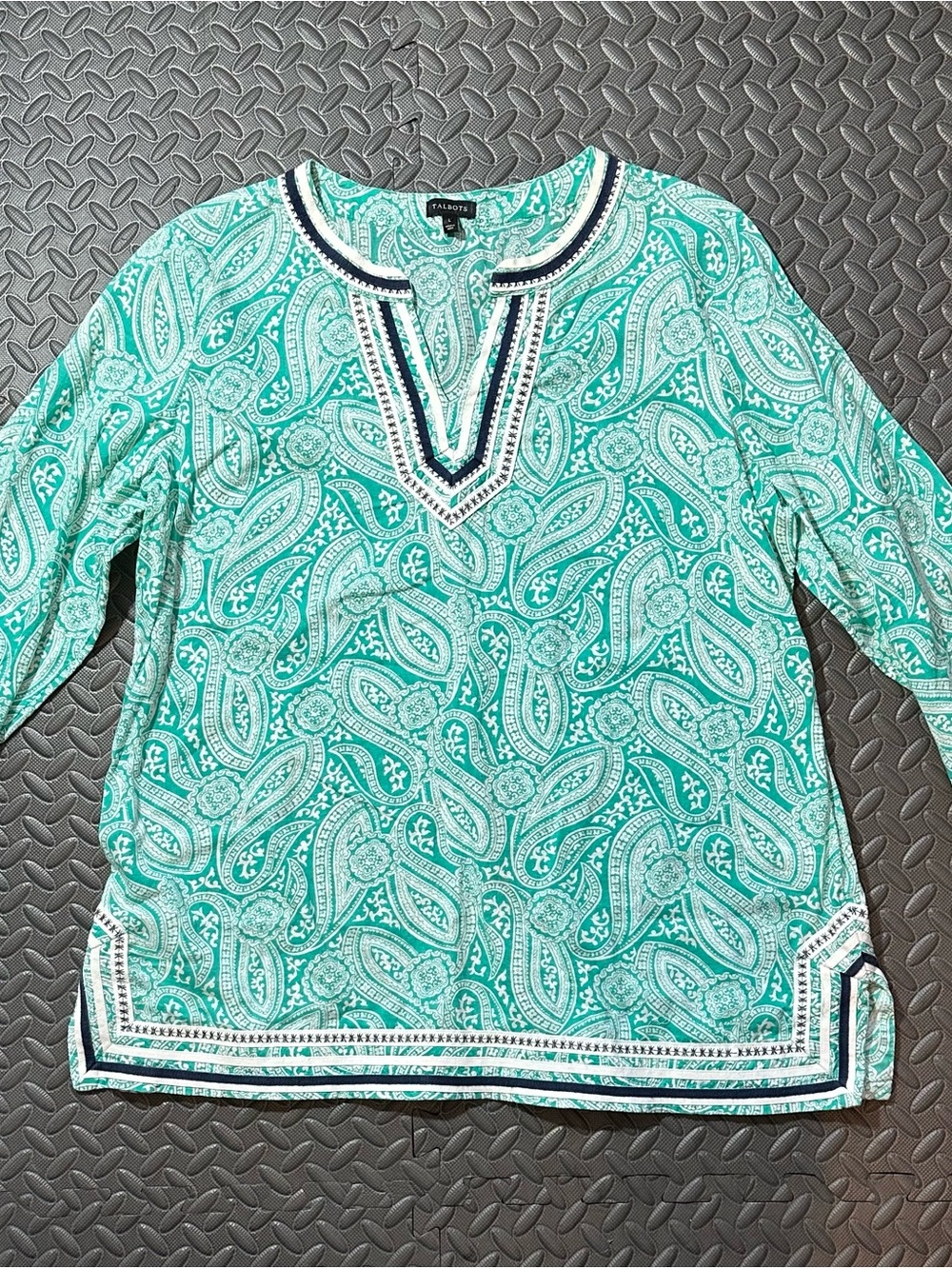 Talbots Green Paisley Split-Neck Tunic Top size lg